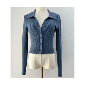 Aerie Collared Cropped Button Down Cardigan M Blue 90s Preppy Clean Girl